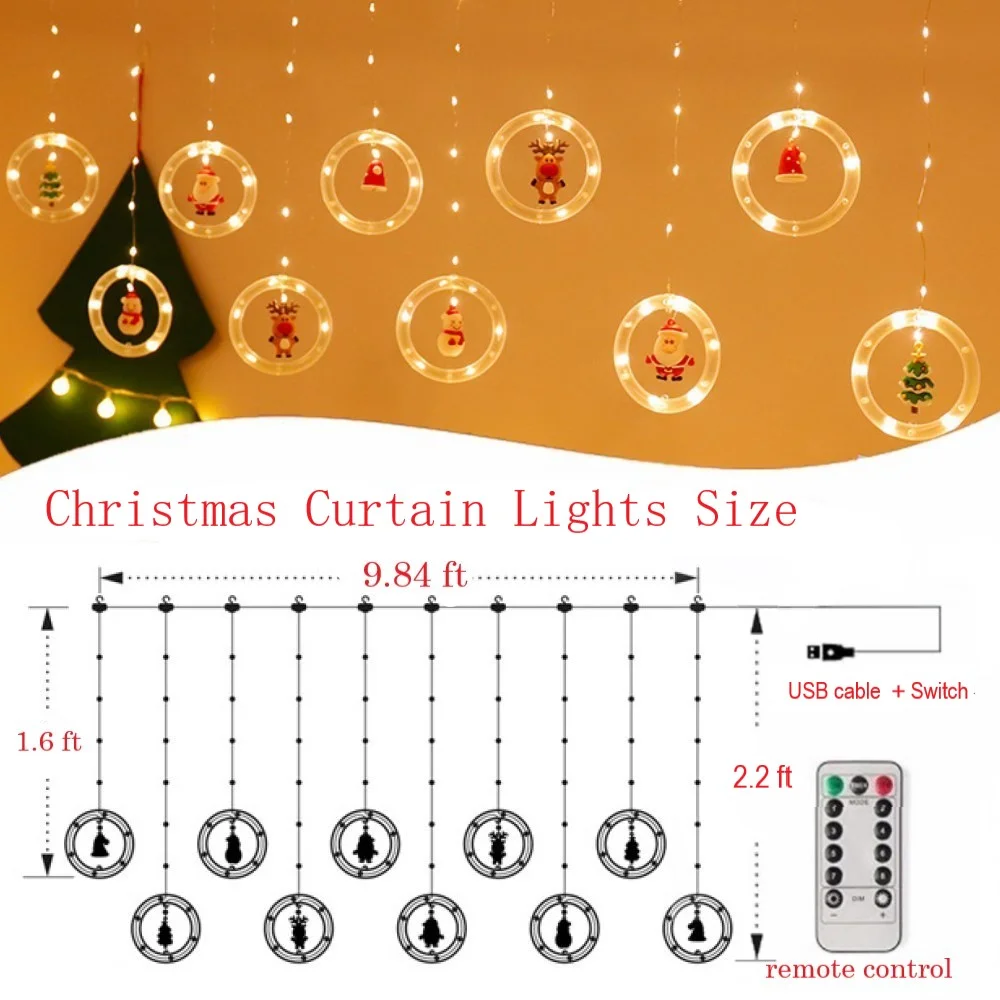 Christmas Curtain Lights 9.8ft 8 Modes Ring String Lights Ornaments Hooks Remote Control Timer