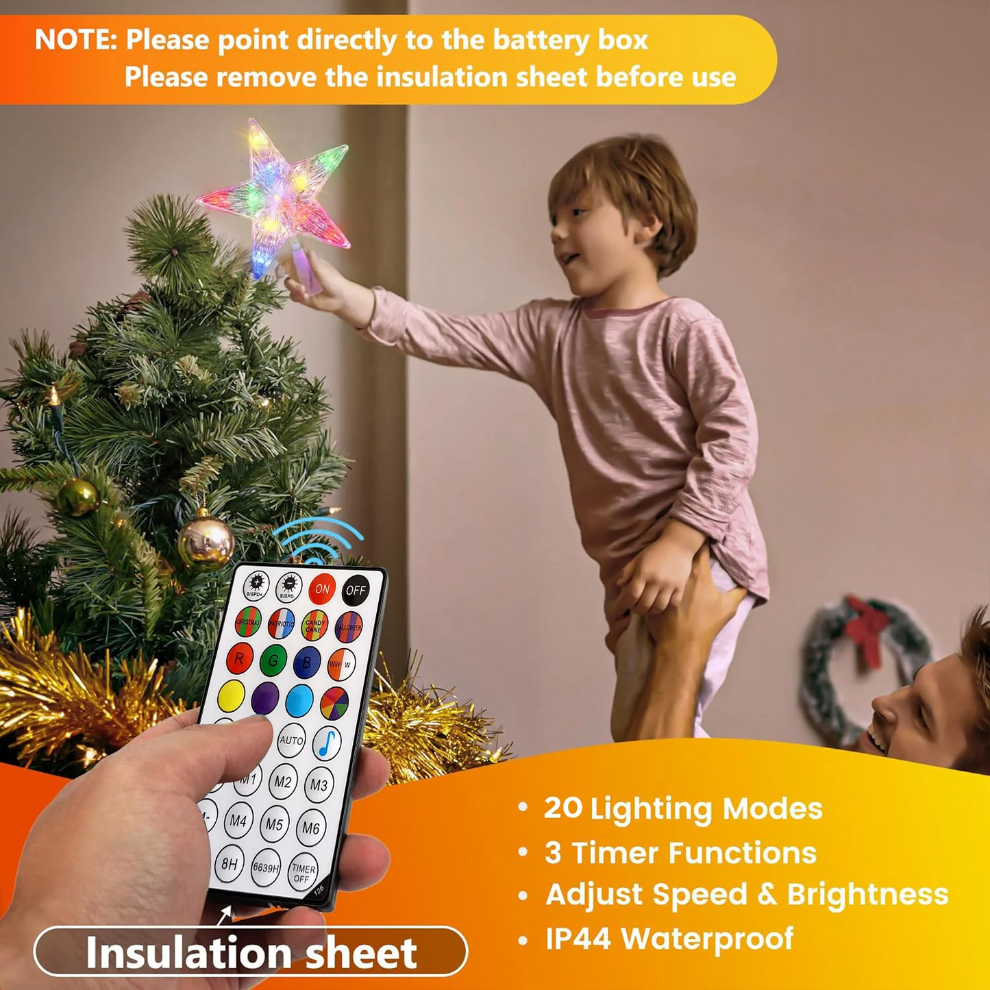 Christmas Tree Topper 7.8" Star Tree Topper Lights Fairy Light RGB Night Tree Topper Remote Control Color Changing