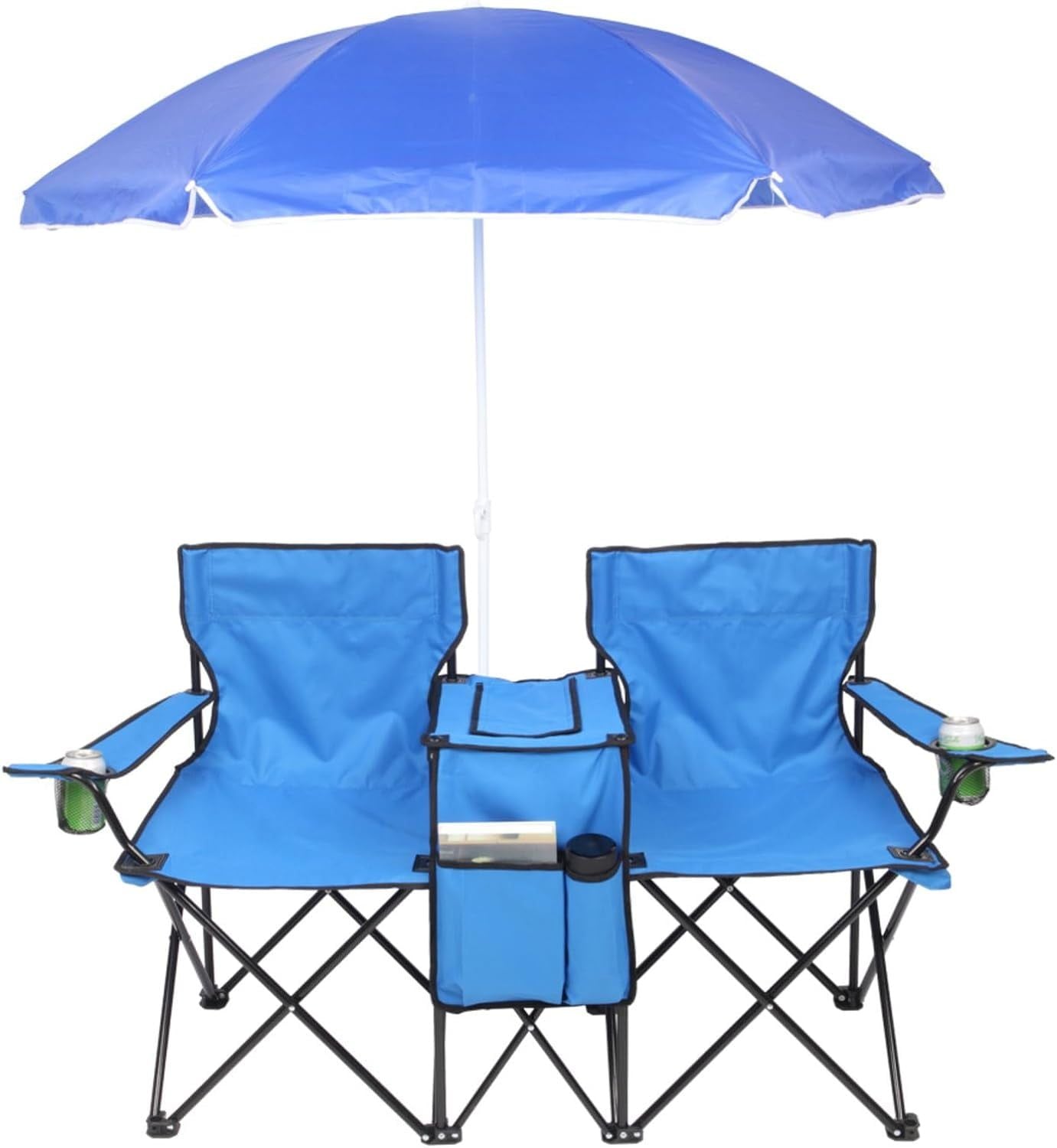 Foldable Camping Chair Outdoor Portable Picnic Double Chair with Umbrella Folding Beach Chair Backpacking Blue