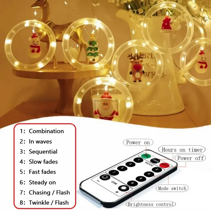 Christmas Curtain Lights 9.8ft 8 Modes Ring String Lights Ornaments Hooks Remote Control Timer