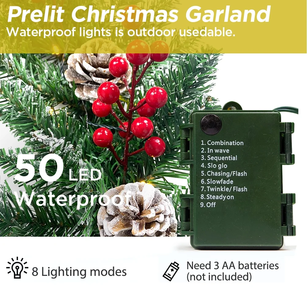 9ft Christmas Garland 50 LED Prelit Artificial Garland with Pine Cones and Berries