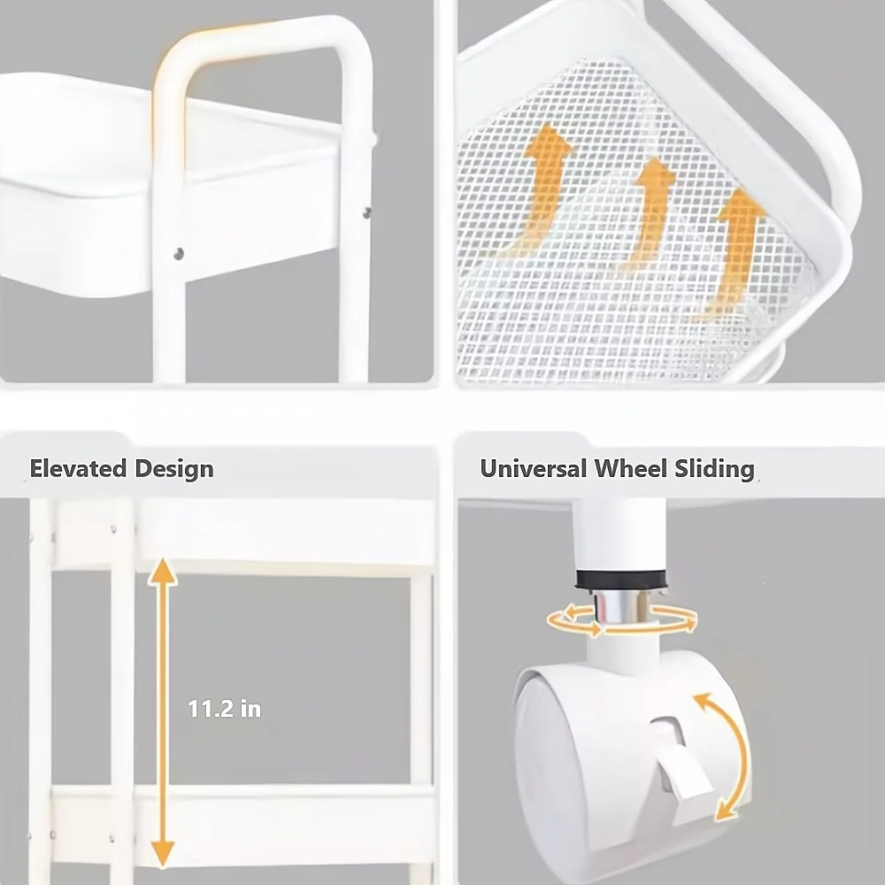 Movable 3-Tier Rolling Storage Cart Shelves Rolling Utility Cart for Bathroom Kitchen Office Workshop White