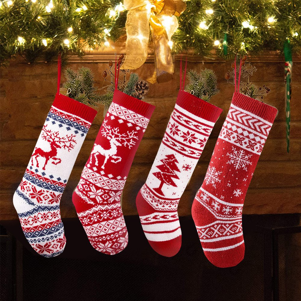 18" Knit Christmas Stockings Hanging Rustic Stocking 4 Pcs