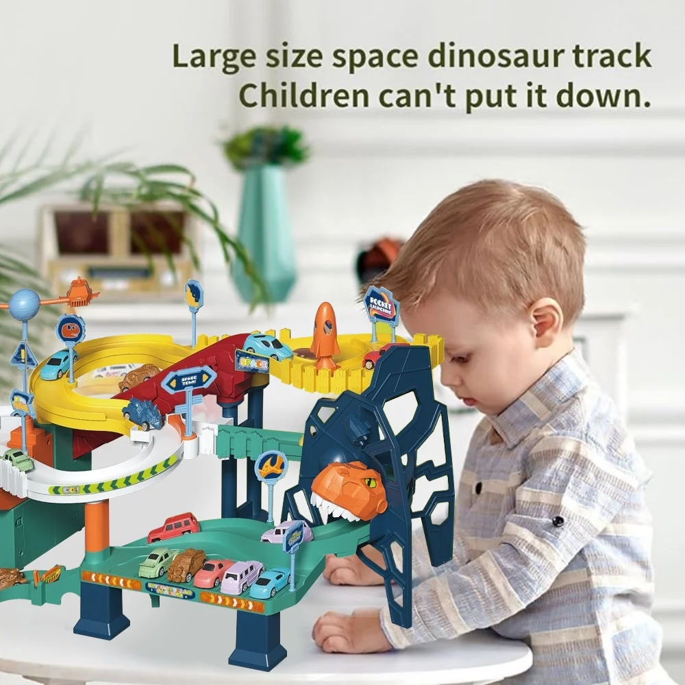 Dinosaur Race Track Toy Race Car Track Set with 4 Cars Light Sound Car Playset Gift Kids Age 3+