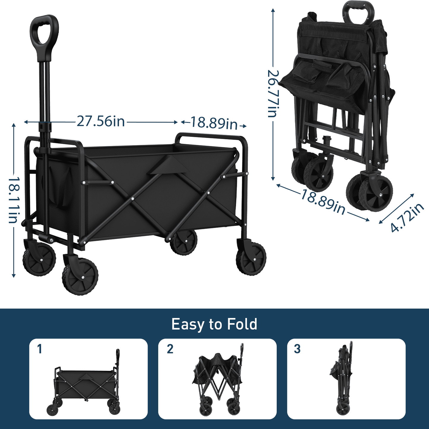 Folding Wagon Portable Large Capacity Collapsible for Sports, Shopping, Camping