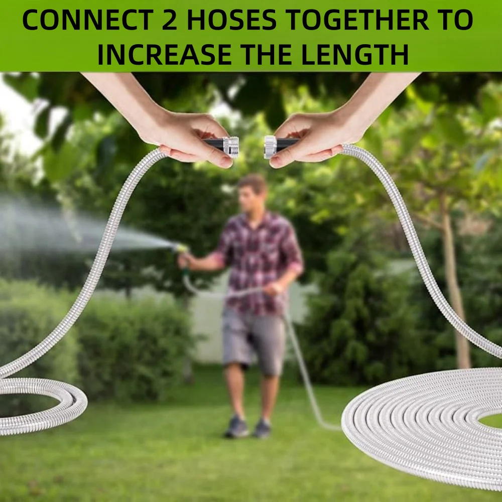 50FT Garden Hose Stainless Steel Heavy Duty Water Hose No-Kink Rust Proof for Yard Outdoor