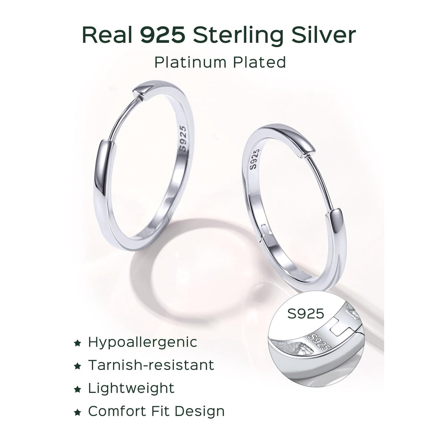 Hypoallergenic 925 Sterling Silver Huggie Earrings for Women Sterling Silver Hoop Earrings for Women 20MM Small Hoops