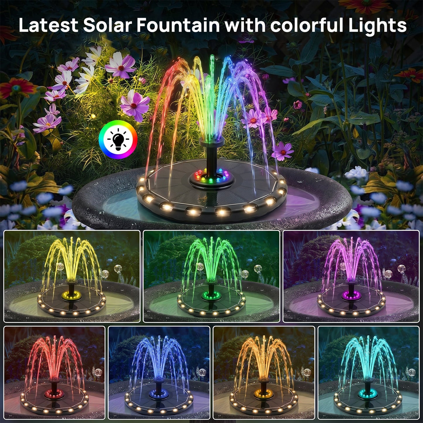 Solar Water Fountain Solar Pump for Bird Bath, Garden, Pond Colorful Lights