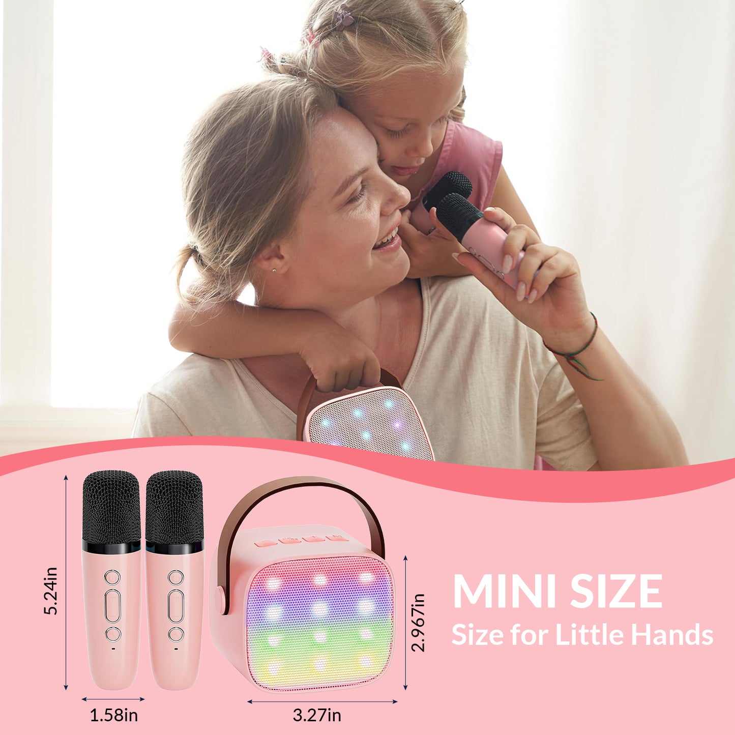 Kids Karaoke Machine with 2 Wireless Microphones – Portable Bluetooth Speaker for Singing & Play – Gift for Girls & Boys Ages 3-12 (Pink)