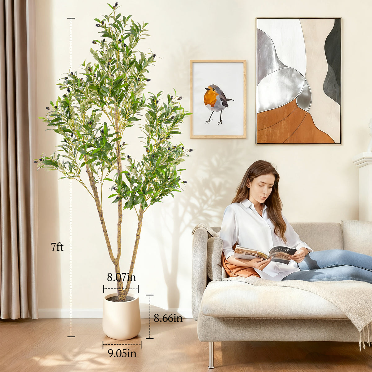 7FT Tall Artificial Olive Tree for Home Office Decor, Faux Olive Tree with White Tall Planter, Artificial Plants with Natural Wood Trunk and Lifelike Fruits