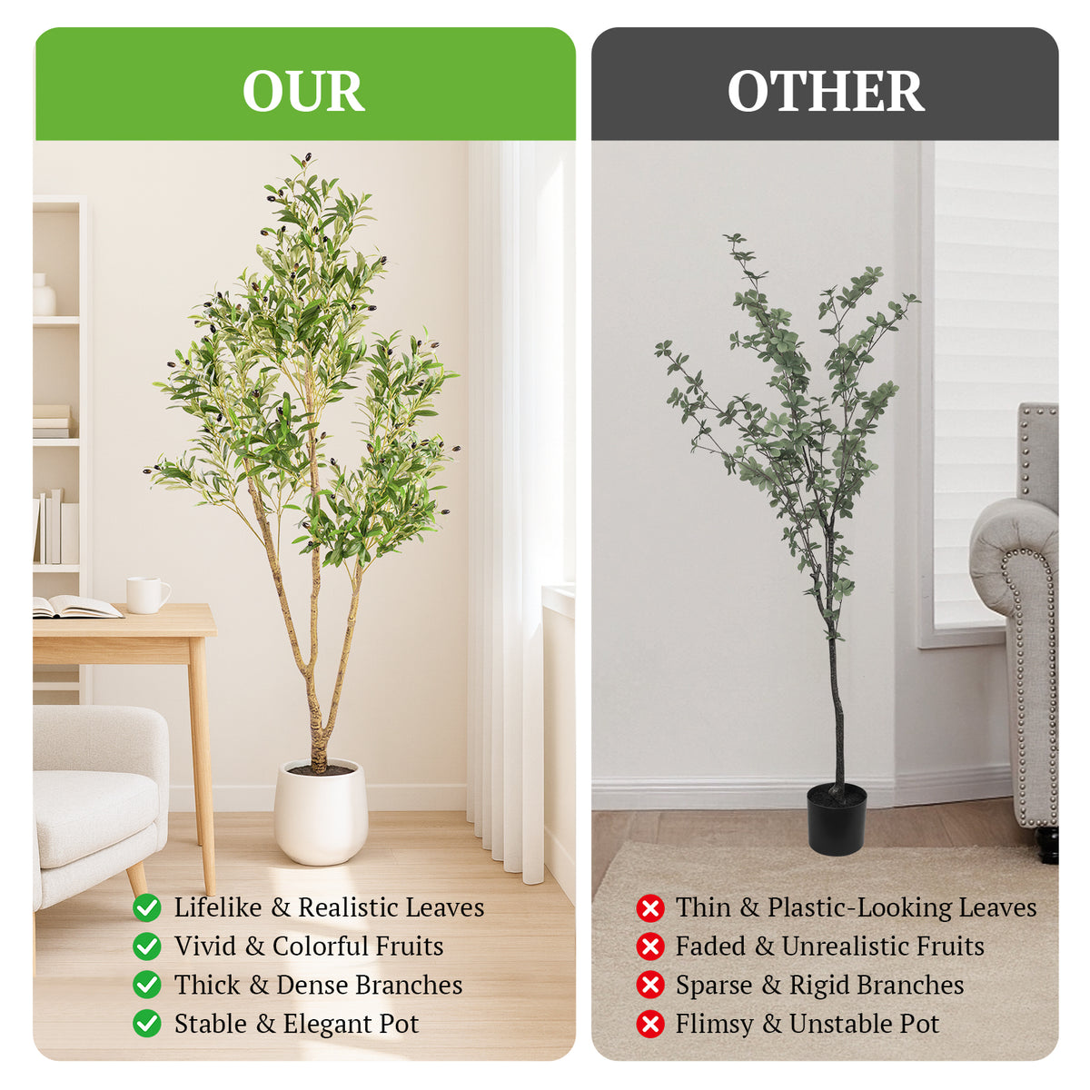 7FT Tall Artificial Olive Tree for Home Office Decor, Faux Olive Tree with White Tall Planter, Artificial Plants with Natural Wood Trunk and Lifelike Fruits