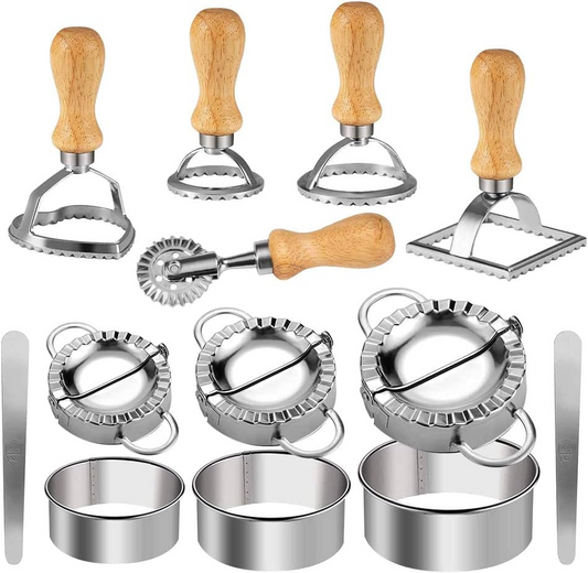 13 Pieces Stainless Steel Dumplings Maker With 5 Pieces Wooden Handle Four Shapes and Three Sizes For Ravioli, Pasta, Dumplings, Lasagna