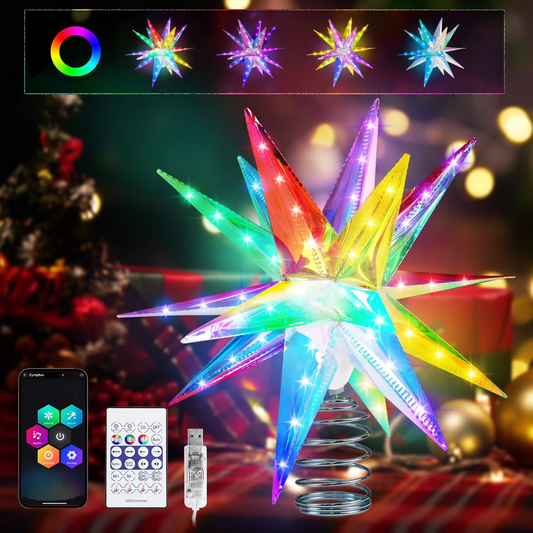 8 Inch Christmas Star Tree Topper Outdoor Indoor Decoration, RGB Color Change Voice Control Christmas Tree Light Up