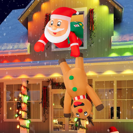 7FT Hanging Christmas Inflatables Decorations, Santa Claus and Reindeer Xmas Decor with LED Lights for Beam Roof Tree Indoor Home Party
