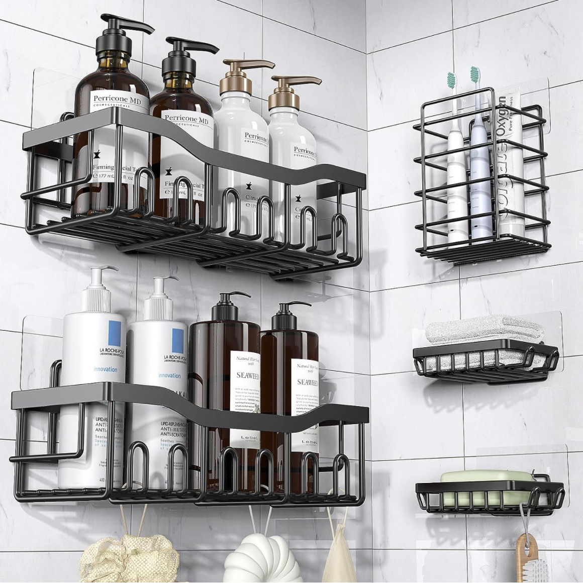 5-Pack Stainless Steel Shower Caddy – No-Drill Adhesive Shelves with Large Capacity, Rustproof Bathroom & Kitchen Organizer, XL Size
