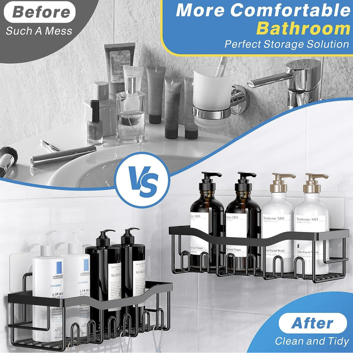 5-Pack Stainless Steel Shower Caddy – No-Drill Adhesive Shelves with Large Capacity, Rustproof Bathroom & Kitchen Organizer, XL Size