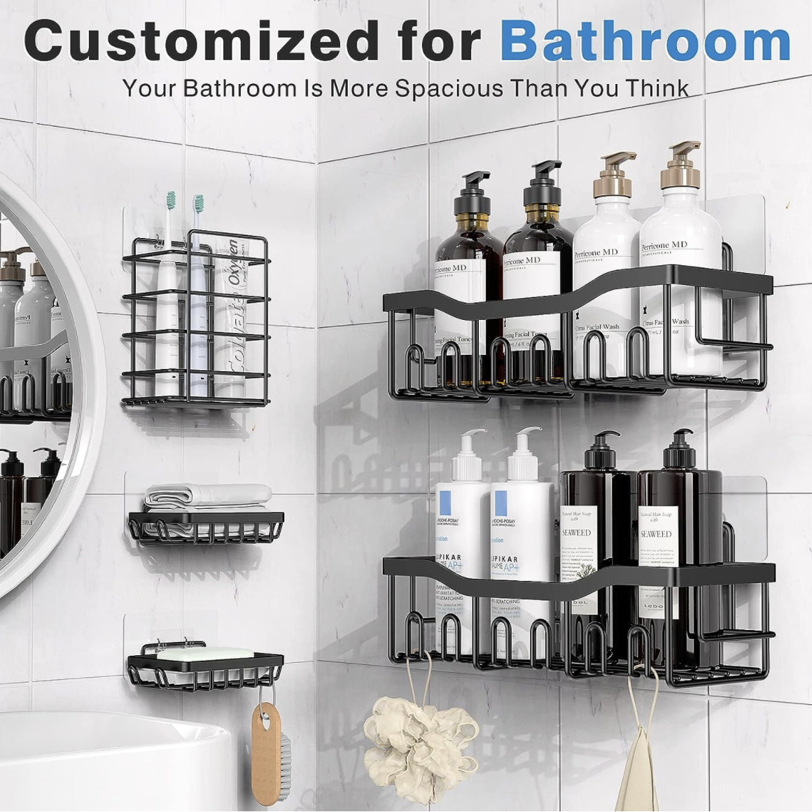 5-Pack Stainless Steel Shower Caddy – No-Drill Adhesive Shelves with Large Capacity, Rustproof Bathroom & Kitchen Organizer, XL Size