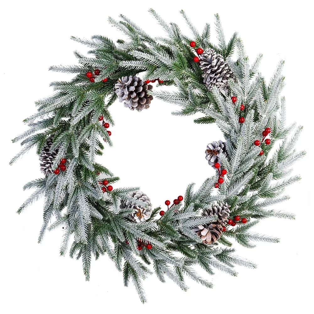 28" Artificial Christmas Wreath - Frosted Spruce with Pine Cones & Berries, Ready-to-Hang Holiday Decor for Door & Wall