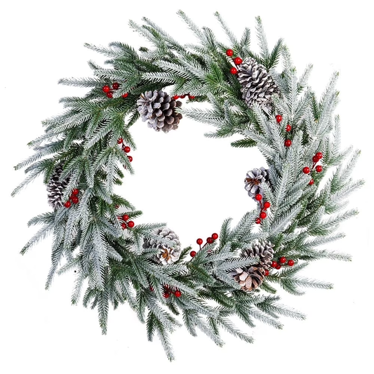28" Artificial Christmas Wreath - Frosted Spruce with Pine Cones & Berries, Ready-to-Hang Holiday Decor for Door & Wall