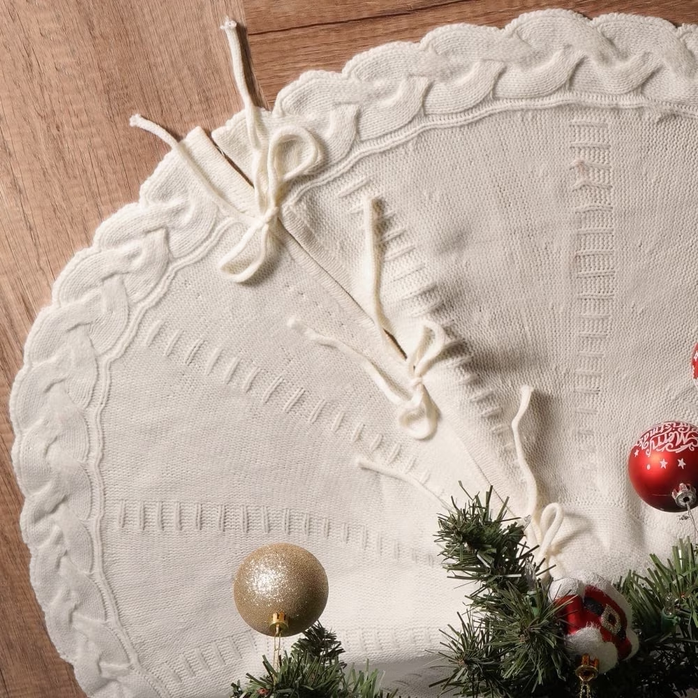 48-Inch White Cable Knit Christmas Tree Skirt - Cozy Rustic Farmhouse Decor for Hearth, Xmas Tree Collar & Holiday Parties SKU: Christmas Tree Skirt