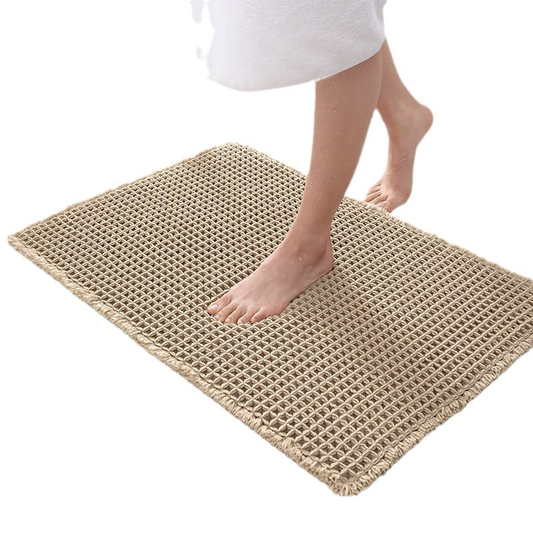 Upgraded Waffle Bath Mat - Super Absorbent Non-Slip Bathroom Rug with Tassels, Machine Washable, 18" x 30" Brown