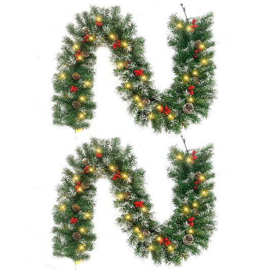 2 Pcs 6ft Pre-Lit Christmas Garland with 40 Waterproof LED Lights, Pine Cones & Berries, 200 Branches Christmas Decoration