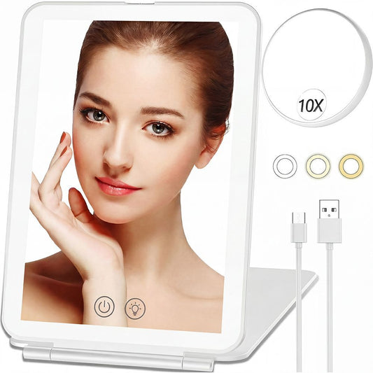 Rechargeable Travel Lighted Makeup Mirror 72 LED 10X Magnify 3 Color Touch Dimming Vanity Mirror