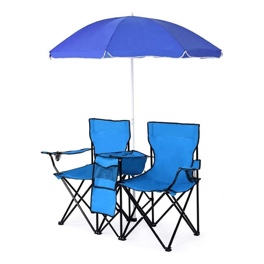 Foldable Camping Chair Outdoor Portable Picnic Double Chair with Umbrella Folding Beach Chair Backpacking Blue