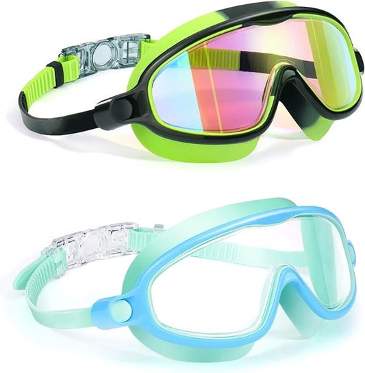 Swim Goggles 2 Pack Anti-Fog Anti-UV Wide View Swimming Goggles for Kids 3-14