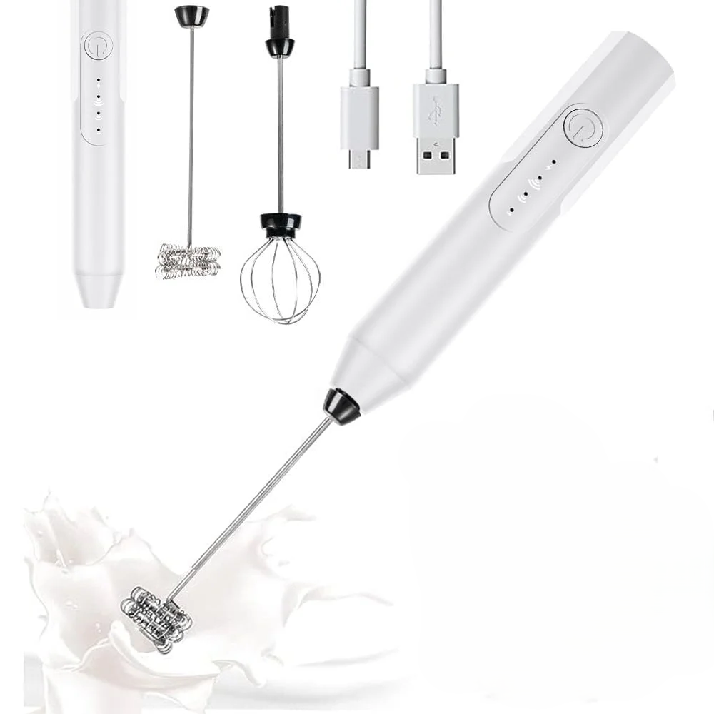 Handheld Milk & Coffee Frother Electric Mini Blender Stainless Steel Drink Mixer White