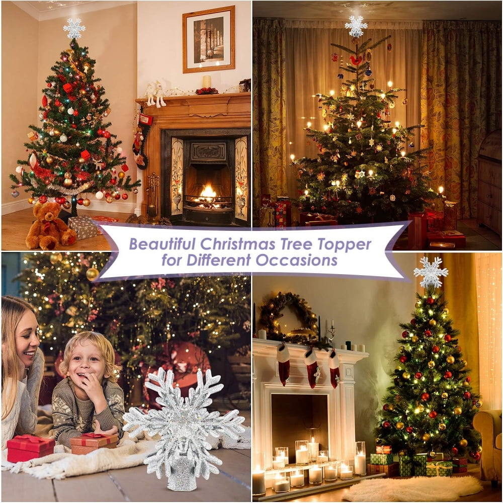 Christmas Tree Topper, 9.6” Snowflake Tree Toppers Lighted Indoor with Rotating 3D Silver Snowflake