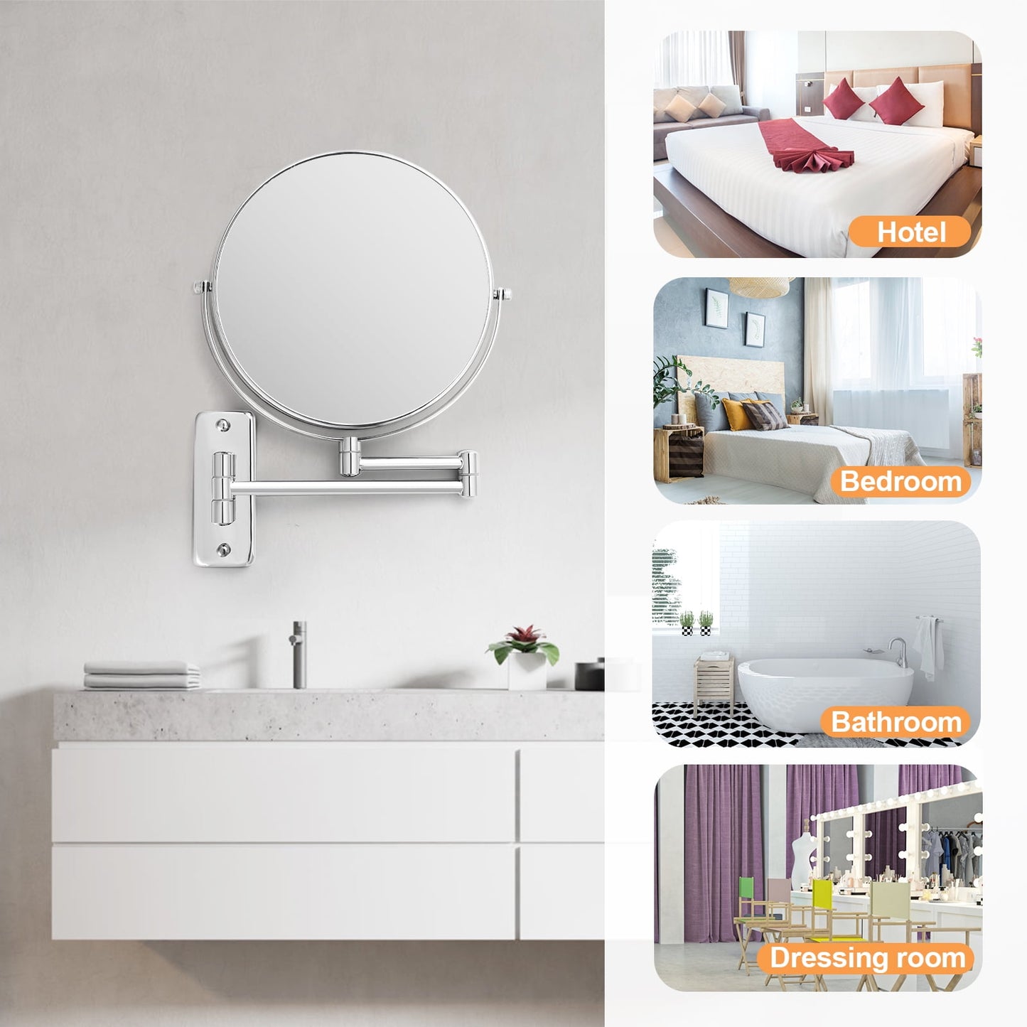 9" Magnifying Wall Mount Makeup Vanity Mirror, 1x/7x Double-Side with Magnification, Swivel Extendable Shaving Mirror for Bathroom, Chrome