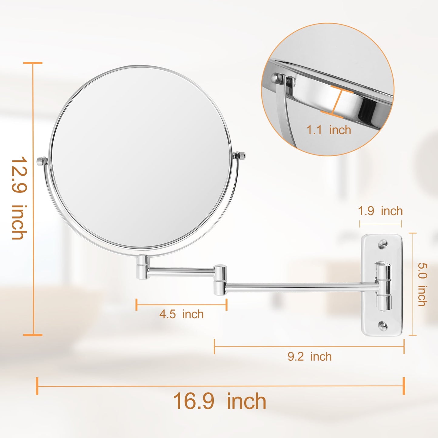 9" Magnifying Wall Mount Makeup Vanity Mirror, 1x/7x Double-Side with Magnification, Swivel Extendable Shaving Mirror for Bathroom, Chrome