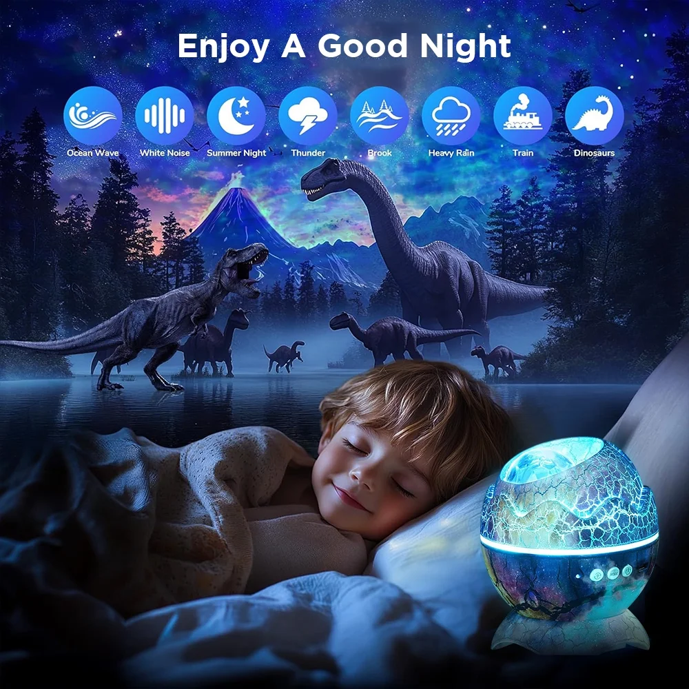 Galaxy Projector & White Noise Machine in Dinosaur Egg – Bluetooth Speaker & Star Light for Kids Room, Bedroom Decor