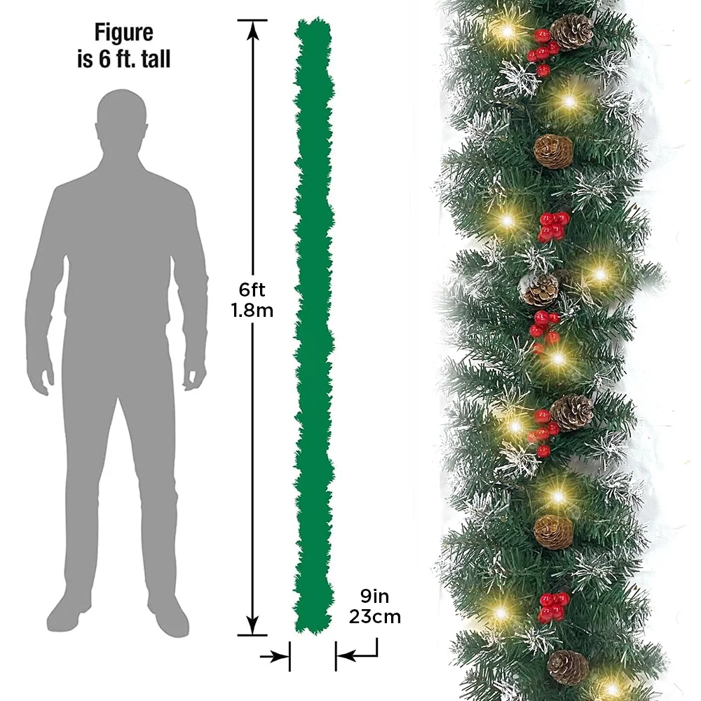 2 Pcs 6ft Pre-Lit Christmas Garland with 40 Waterproof LED Lights, Pine Cones & Berries, 200 Branches Christmas Decoration