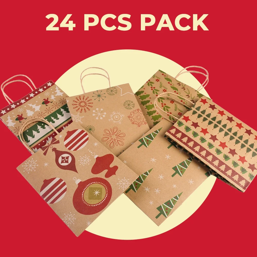 24Pcs Christmas Kraft Gift Bag Christmas Bags For Gifts Xmas Presents Bags