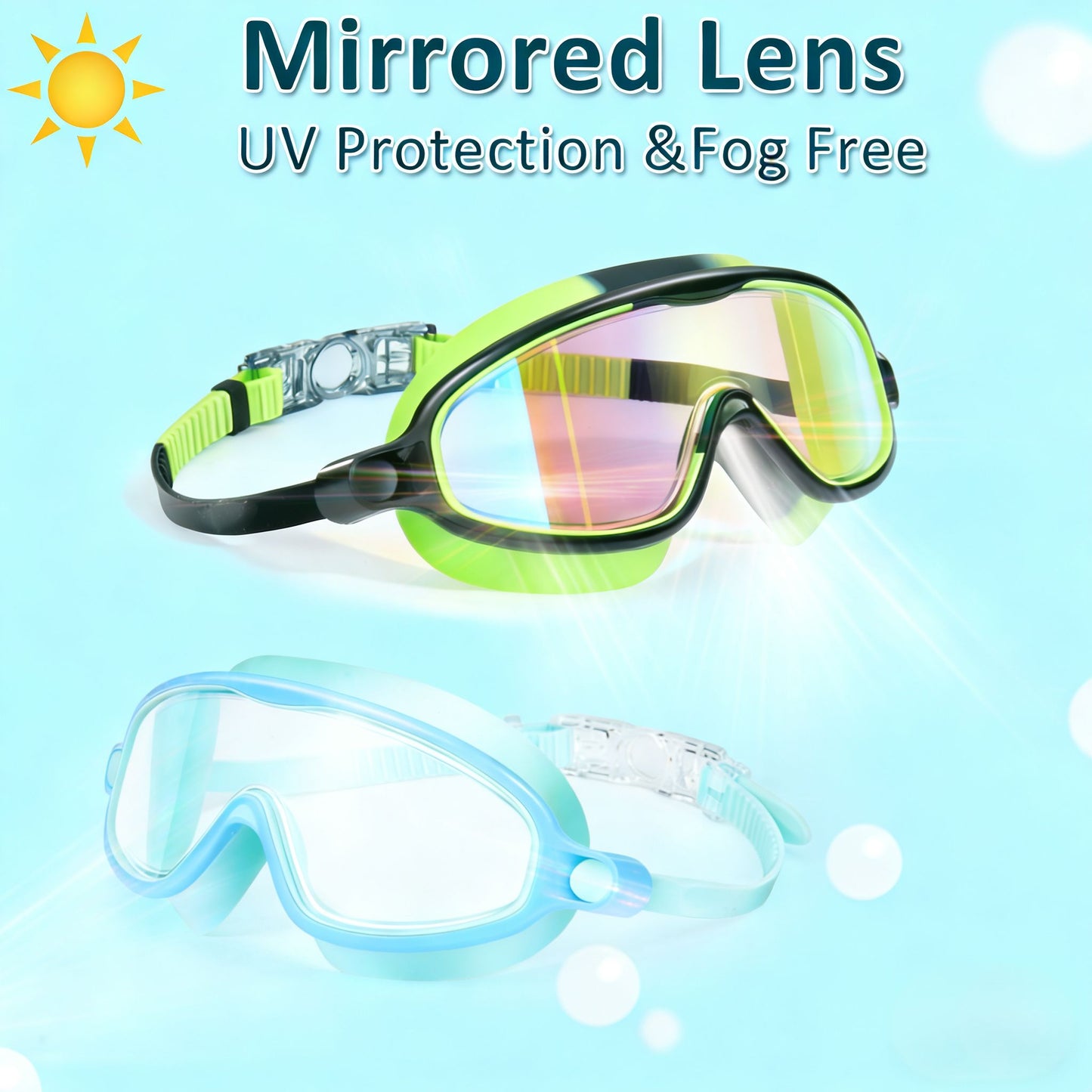 Swim Goggles 2 Pack Anti-Fog Anti-UV Wide View Swimming Goggles for Kids 3-14