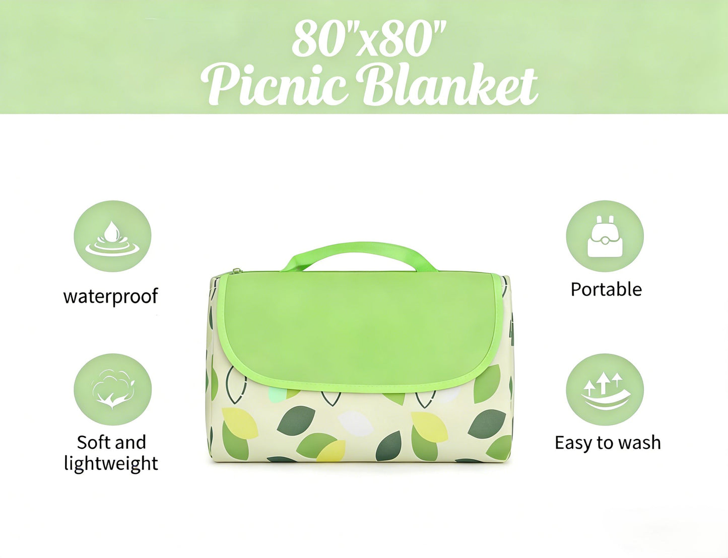 80"x80" Extra Large Waterproof Picnic Blanket - Foldable Outdoor Mat for Beach, Camping & Park - Green/White leaves