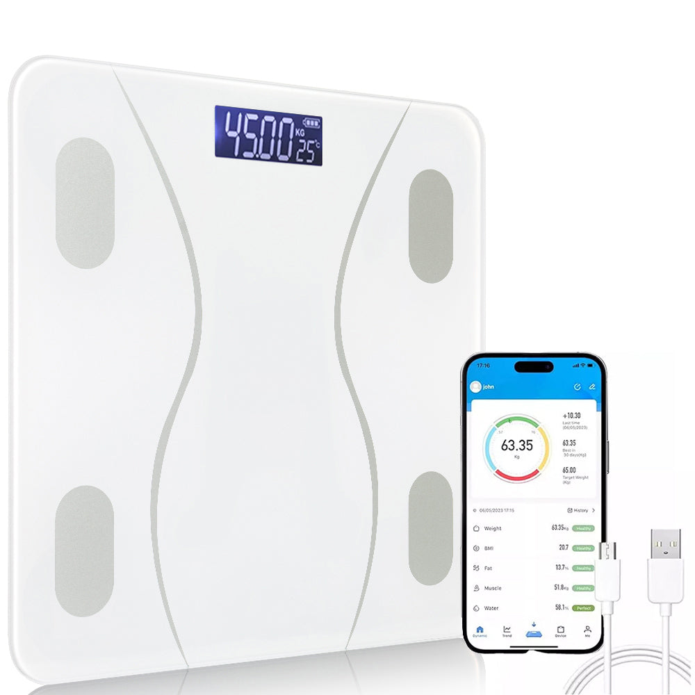 Smart Bluetooth Body Fat Scale - Rechargeable Digital Bathroom Scale with 180 kg Capacity Minimalist Design White