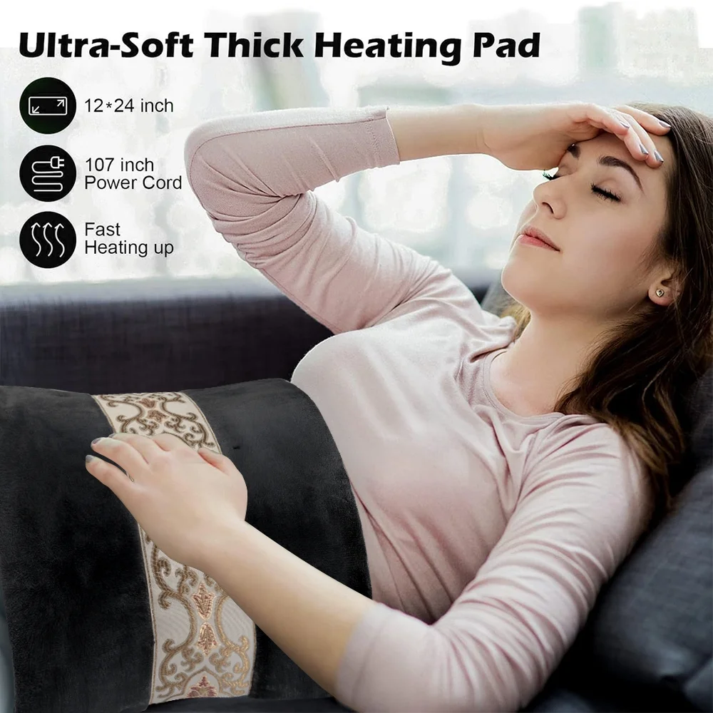 Heating Pad 12"x24" for Back With 10 Heating Setting Temperature Control Auto-off Machine Washable Black