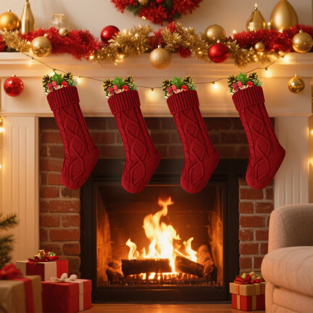 4 Pack Christmas Stockings, Knitted Stocking for Holiday Christmas Party Family Decorations Red