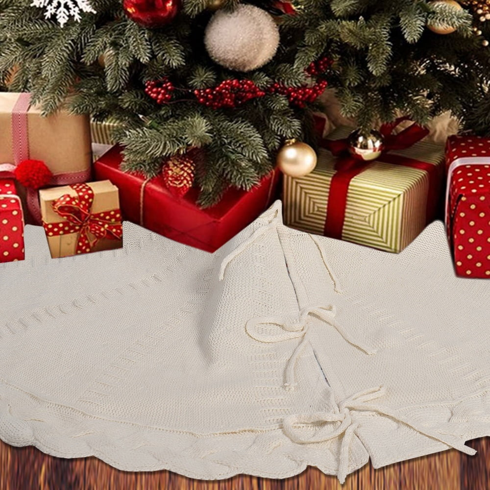 48-Inch White Cable Knit Christmas Tree Skirt - Cozy Rustic Farmhouse Decor for Hearth, Xmas Tree Collar & Holiday Parties SKU: Christmas Tree Skirt