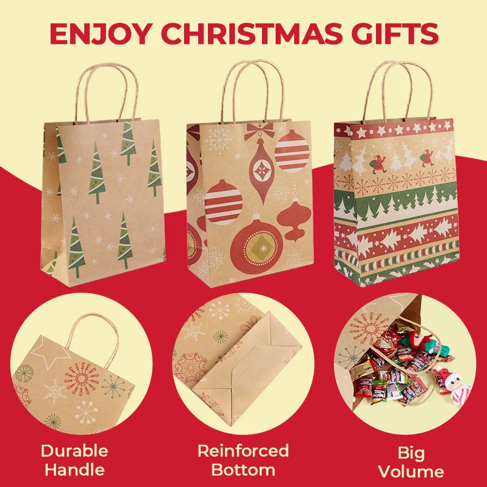 24Pcs Christmas Kraft Gift Bag Christmas Bags For Gifts Xmas Presents Bags