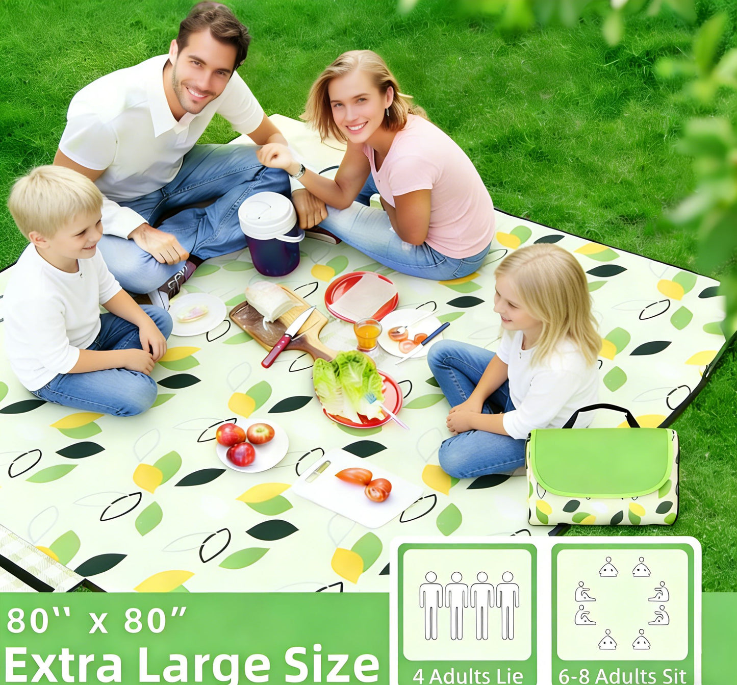 80"x80" Extra Large Waterproof Picnic Blanket - Foldable Outdoor Mat for Beach, Camping & Park - Green/White leaves