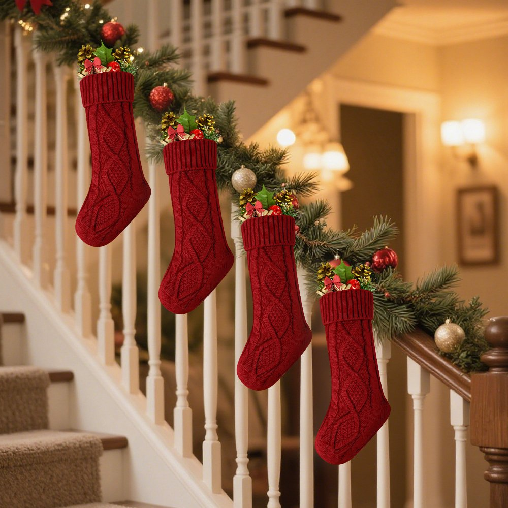 4 Pack Christmas Stockings, Knitted Stocking for Holiday Christmas Party Family Decorations Red
