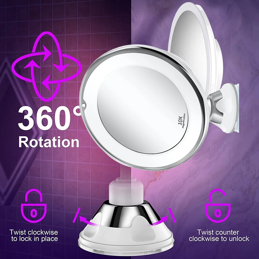 10X Magnifying Lighted Makeup Mirror 360° Rotation with Strong Suction Cup