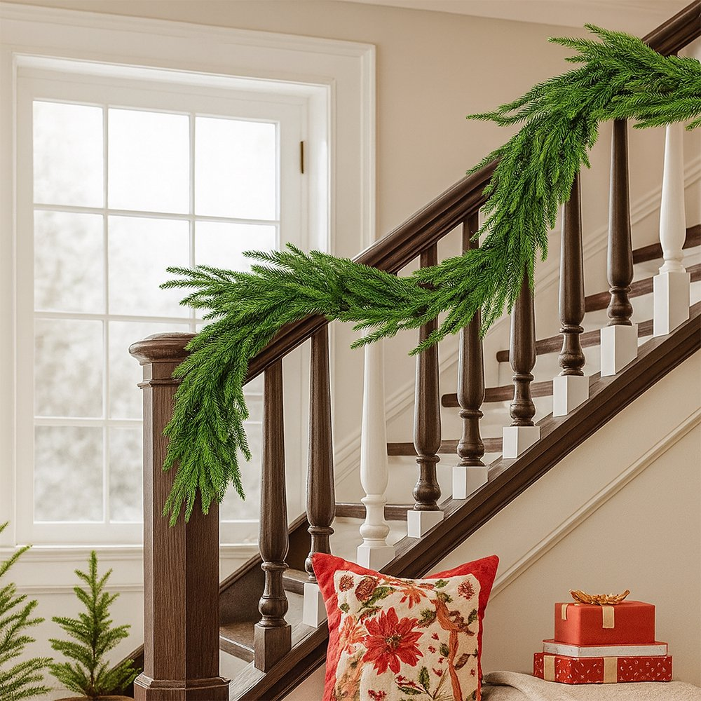 2 Pcs 6 FT Artificial Pine Garlands Real Touch Artificial Pine Garland,  – Winter Greenery for Indoor/Outdoor Xmas, Mantle & Staircase Decor