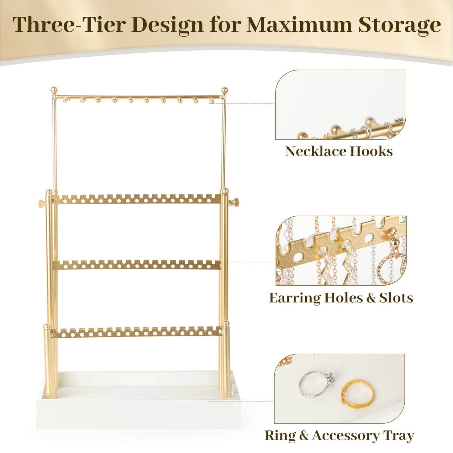 3-Tier Adjustable Earring Necklace Holder Organizer Stand, Gold Jewelry Display Tree with 105 Slots, 10 Double-Sided Hooks, White Tray for Women, Girls