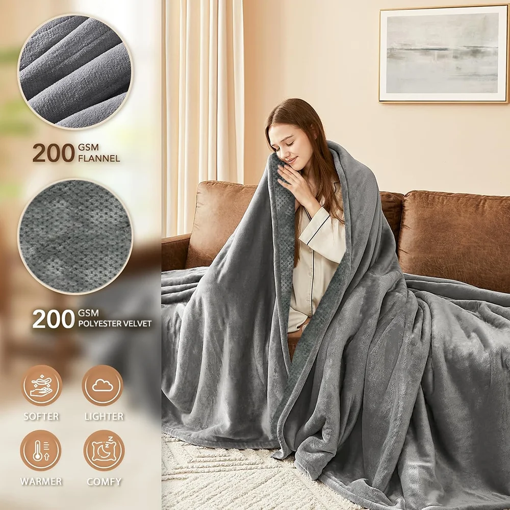 Heated Throw Blanket, 60x70 Inches Extra Large - 10 Heat Settings & 8-Hour Timer, Flannel & Velvet, Machine Washable - Gray Brand Swtroom