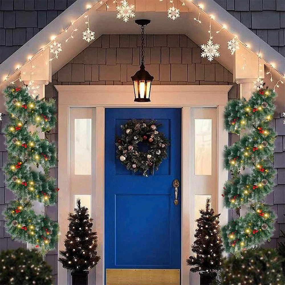 2 Pcs 6ft Pre-Lit Christmas Garland with 40 Waterproof LED Lights, Pine Cones & Berries, 200 Branches Christmas Decoration